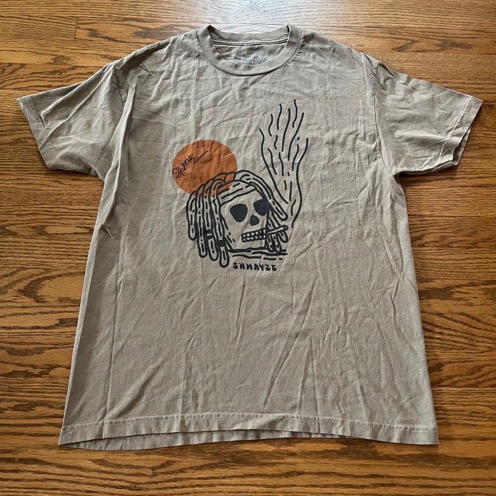 Shwayze SIGNED T-Shirt Mens Large Tan Skull Dreadlocks Streetwear Tee